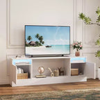 Mobile porta TV moderno con illuminazione a LED, dotato di armadietti e mensole, adatto per camere da letto e soggiorni.