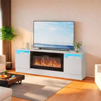 Mobile porta TV moderno con illuminazione a LED, dotato di armadietti e mensole, adatto per camere da letto e soggiorni.