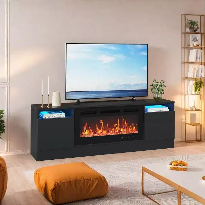 Mobile porta TV moderno con illuminazione a LED, dotato di armadietti e mensole, adatto per camere da letto e soggiorni.