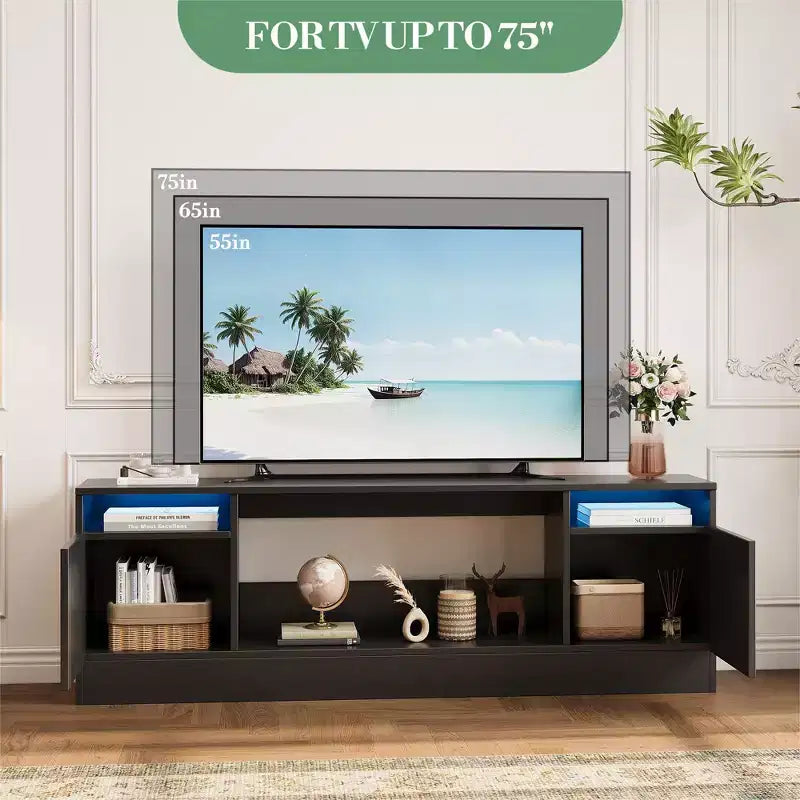 Mobile porta TV moderno con illuminazione a LED, dotato di armadietti e mensole, adatto per camere da letto e soggiorni.