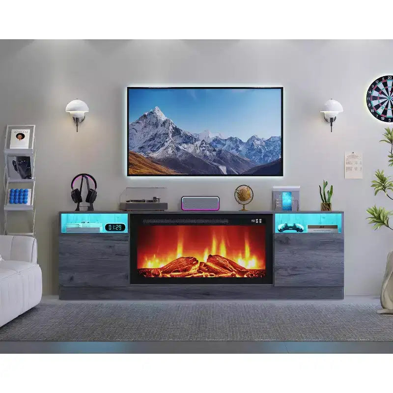 Mobile porta TV moderno con illuminazione a LED, dotato di armadietti e mensole, adatto per camere da letto e soggiorni.