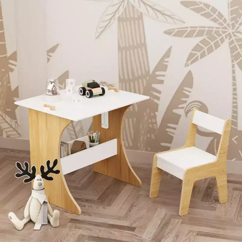 Set Tavolo per Bambini con Una Sedia, Tavolo da Studio Multifunzionale per Bambini in Legno - Piano Convertibile - Bianco