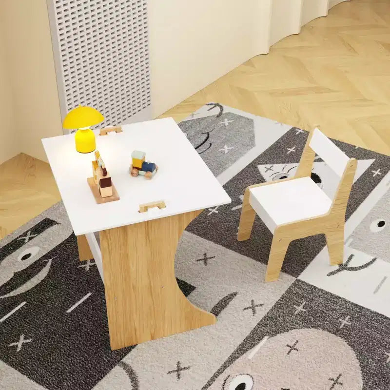 Set Tavolo per Bambini con Una Sedia, Tavolo da Studio Multifunzionale per Bambini in Legno - Piano Convertibile - Bianco