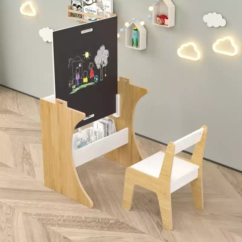 Set Tavolo per Bambini con Una Sedia, Tavolo da Studio Multifunzionale per Bambini in Legno - Piano Convertibile - Bianco