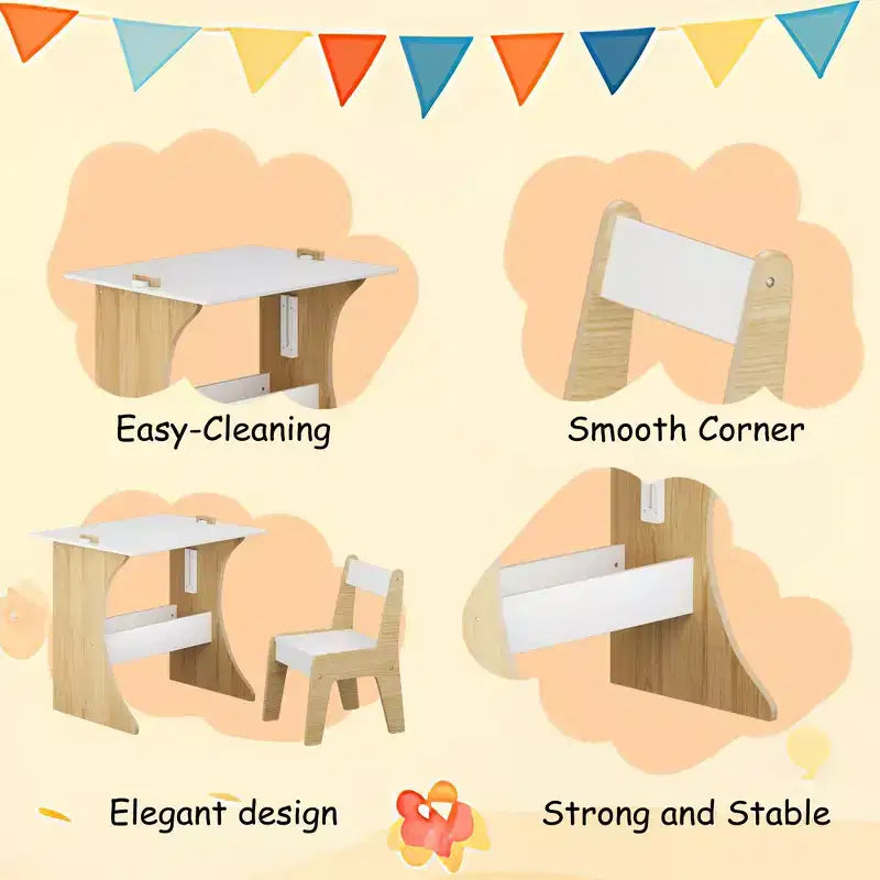 Set Tavolo per Bambini con Una Sedia, Tavolo da Studio Multifunzionale per Bambini in Legno - Piano Convertibile - Bianco