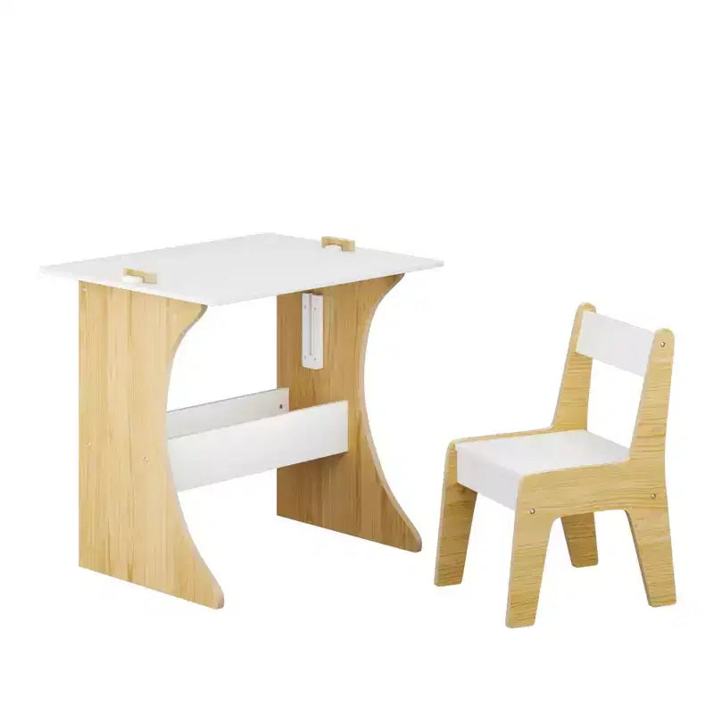 Set Tavolo per Bambini con Una Sedia, Tavolo da Studio Multifunzionale per Bambini in Legno - Piano Convertibile - Bianco