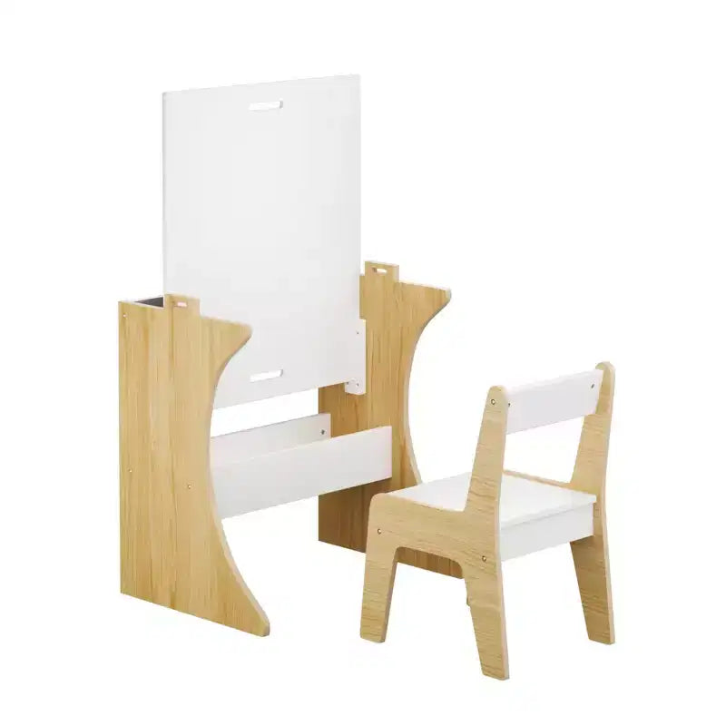 Set Tavolo per Bambini con Una Sedia, Tavolo da Studio Multifunzionale per Bambini in Legno - Piano Convertibile - Bianco